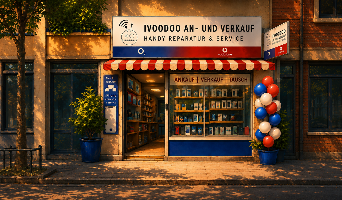 iVoodoo Handyshop in Köln-Ehrenfeld mit Eingang, Schaufenster und Smartphone-Auslage