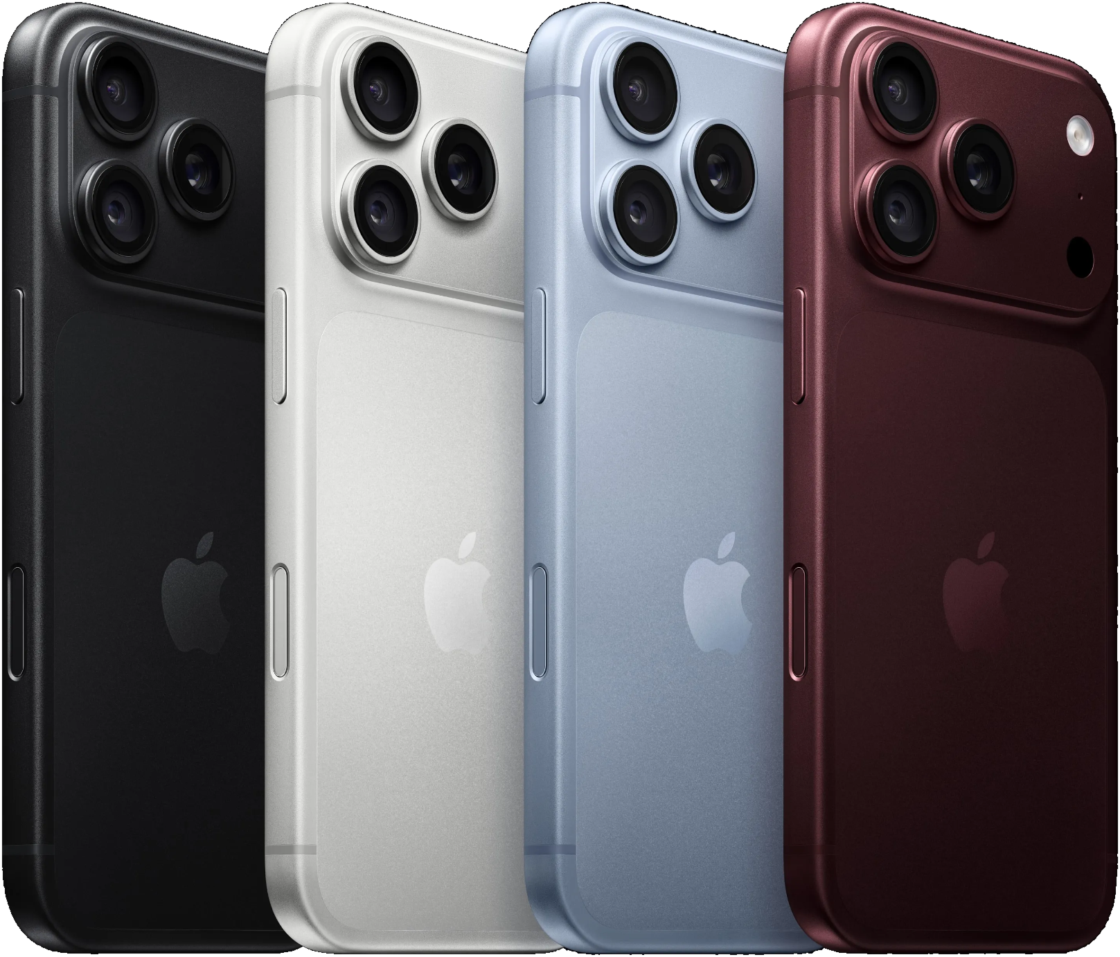 Vier Smartphones in Schwarz, Silber, Hellblau und Burgundy