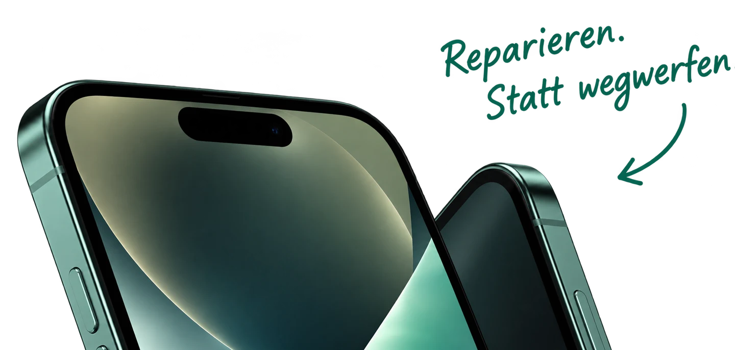 Zwei grüne Smartphones. Reparieren. Statt wegwerfen.